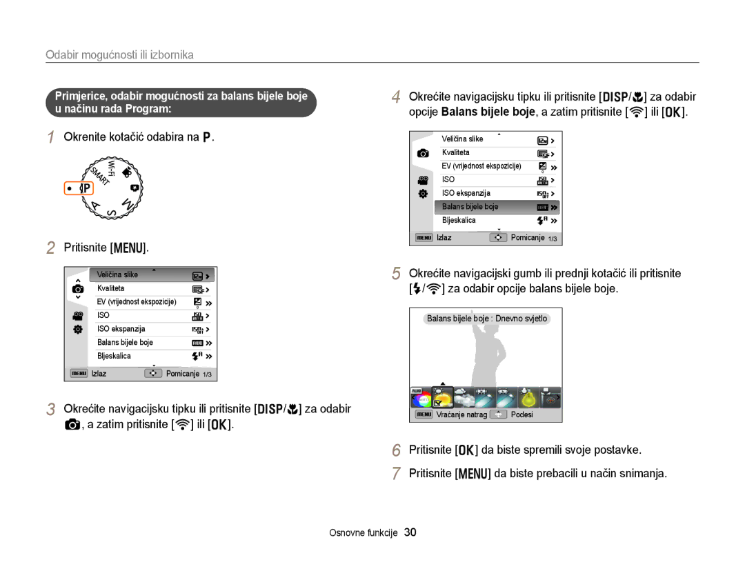 Samsung EC-EX2FZZBPWE3, EC-EX2FZZBPBE3 manual Odabir mogućnosti ili izbornika, Okrenite kotačić odabira na p Pritisnite m 