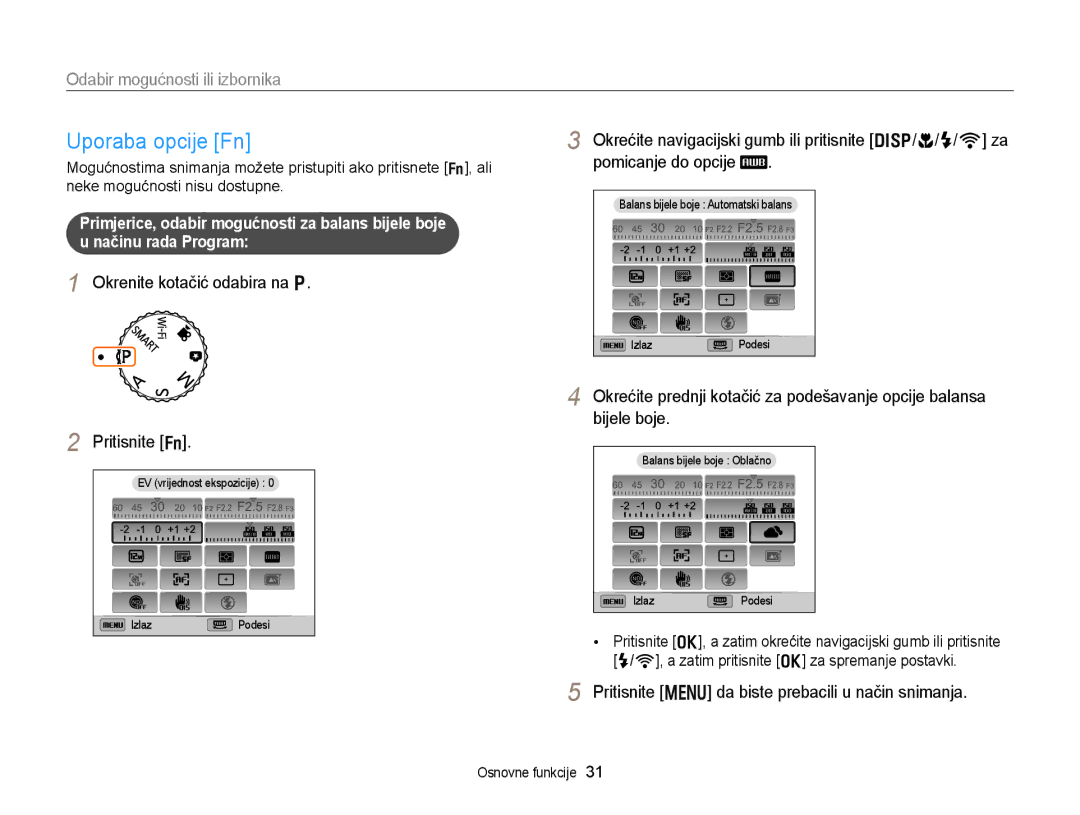 Samsung EC-EX2FZZBPBE3, EC-EX2FZZBPWE3 manual Uporaba opcije Fn, Okrenite kotačić odabira na p Pritisnite f 