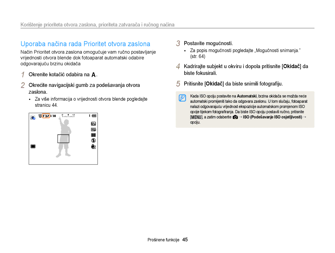 Samsung EC-EX2FZZBPBE3 manual Uporaba načina rada Prioritet otvora zaslona, Postavite mogućnosti, Biste fokusirali 