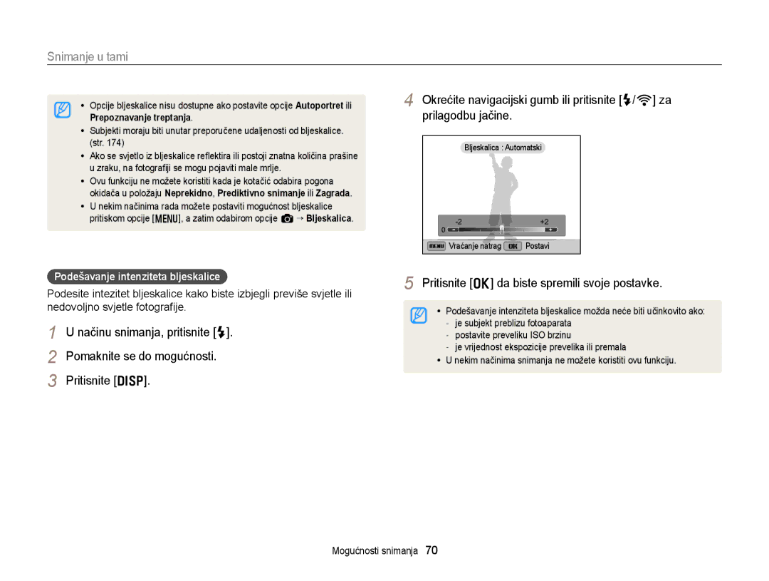 Samsung EC-EX2FZZBPWE3, EC-EX2FZZBPBE3 Pritisnite o da biste spremili svoje postavke, Podešavanje intenziteta bljeskalice 