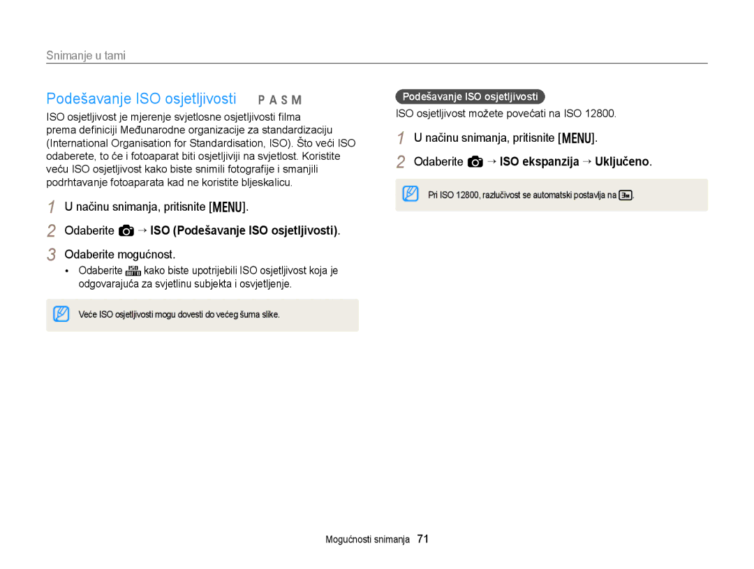 Samsung EC-EX2FZZBPBE3, EC-EX2FZZBPWE3 manual Podešavanje ISO osjetljivosti p a h M, Načinu snimanja, pritisnite m 