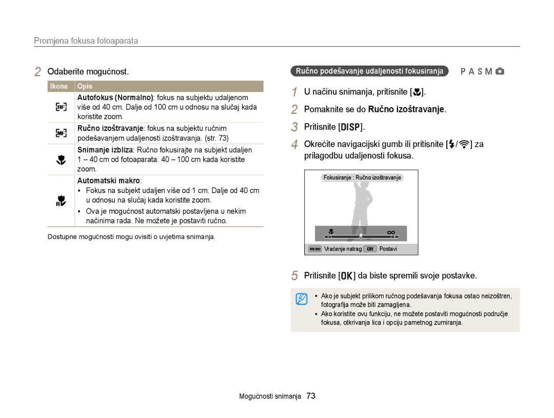 Samsung EC-EX2FZZBPBE3, EC-EX2FZZBPWE3 Promjena fokusa fotoaparata, Automatski makro, Pomaknite se do Ručno izoštravanje 