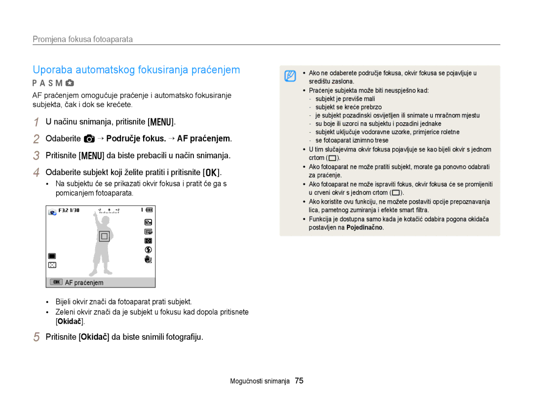 Samsung EC-EX2FZZBPBE3, EC-EX2FZZBPWE3 manual Uporaba automatskog fokusiranja praćenjem, Načinu snimanja, pritisnite m 