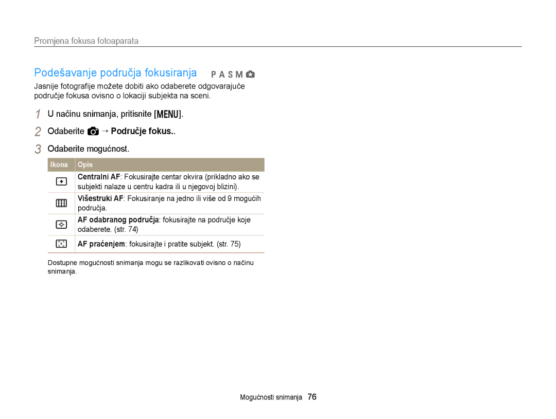 Samsung EC-EX2FZZBPWE3 manual Podešavanje područja fokusiranja p a h M g, AF praćenjem fokusirajte i pratite subjekt. str 