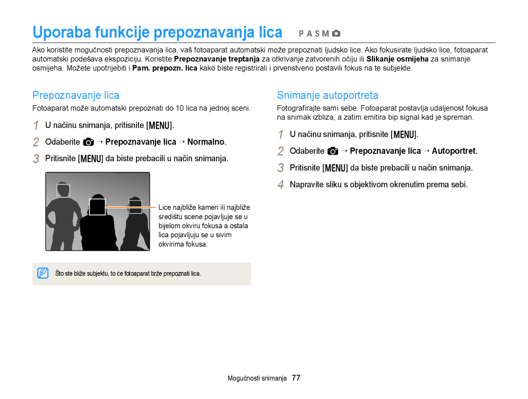 Samsung EC-EX2FZZBPBE3 manual Uporaba funkcije prepoznavanja lica p a h M g, Prepoznavanje lica, Snimanje autoportreta 