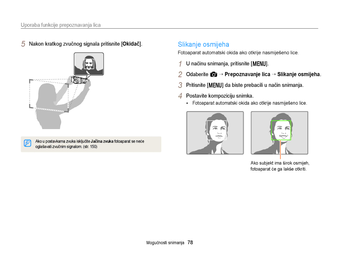 Samsung EC-EX2FZZBPWE3 manual Slikanje osmijeha, Uporaba funkcije prepoznavanja lica, Postavite kompoziciju snimka 