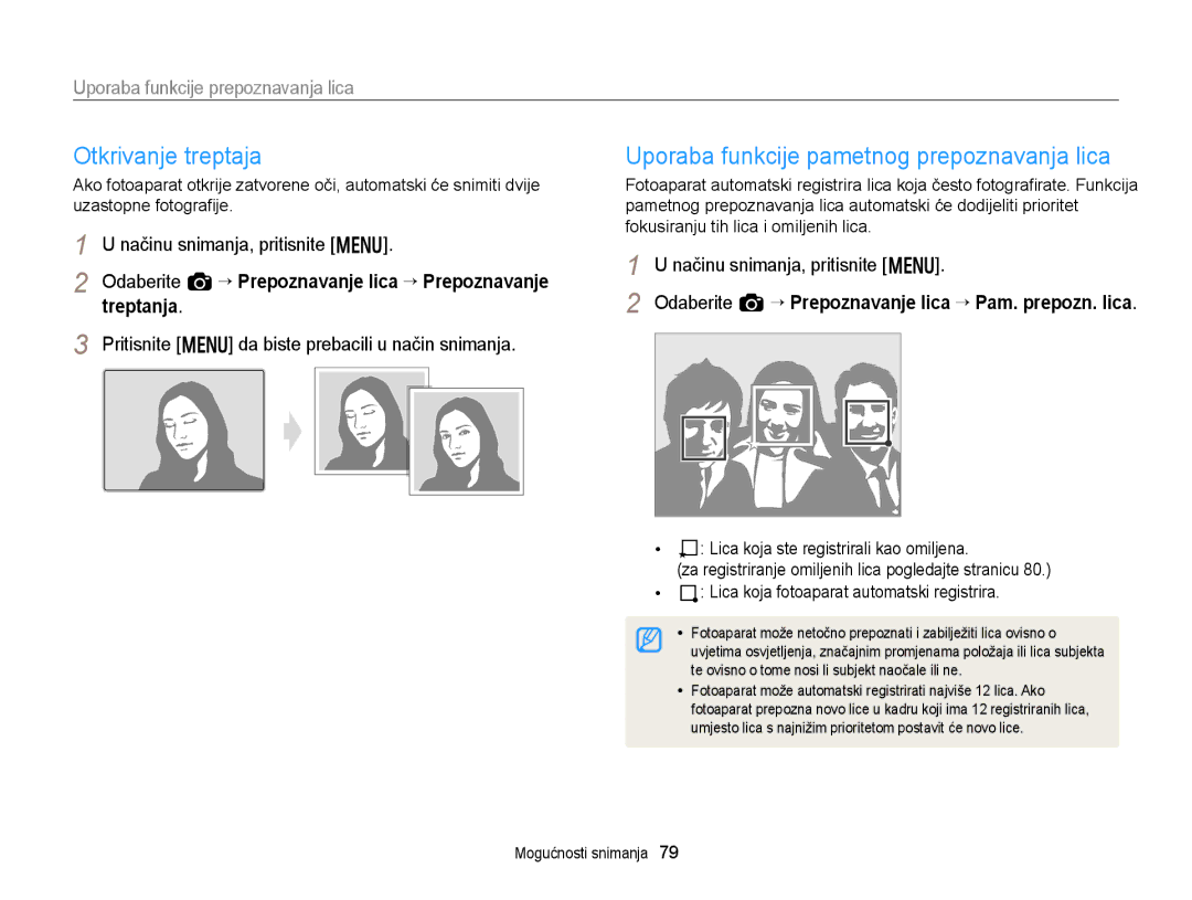 Samsung EC-EX2FZZBPBE3, EC-EX2FZZBPWE3 manual Otkrivanje treptaja, Uporaba funkcije pametnog prepoznavanja lica 