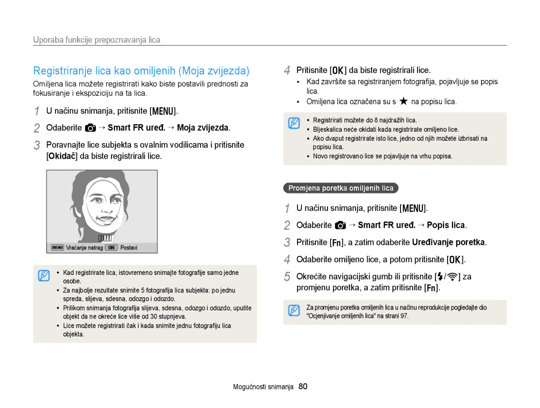 Samsung EC-EX2FZZBPWE3, EC-EX2FZZBPBE3 Registriranje lica kao omiljenih Moja zvijezda, Okidač da biste registrirali lice 