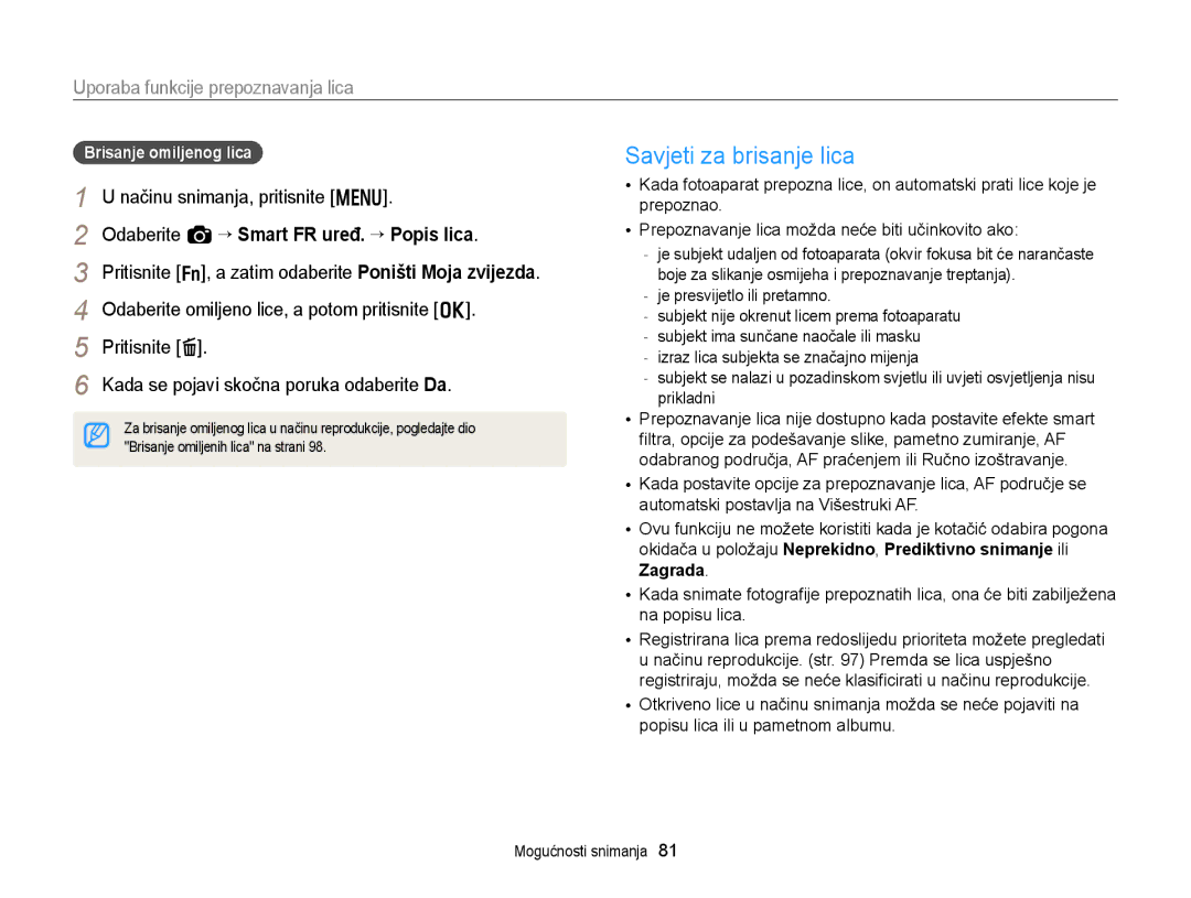 Samsung EC-EX2FZZBPBE3, EC-EX2FZZBPWE3 Savjeti za brisanje lica, Odaberite a “ Smart FR uređ. “ Popis lica, Pritisnite l 