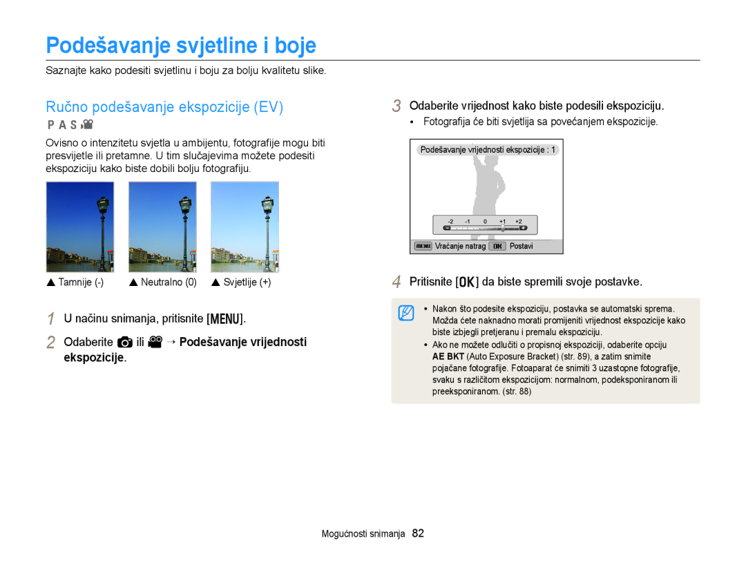 Samsung EC-EX2FZZBPWE3, EC-EX2FZZBPBE3 manual Podešavanje svjetline i boje, Ručno podešavanje ekspozicije EV, Ekspozicije 