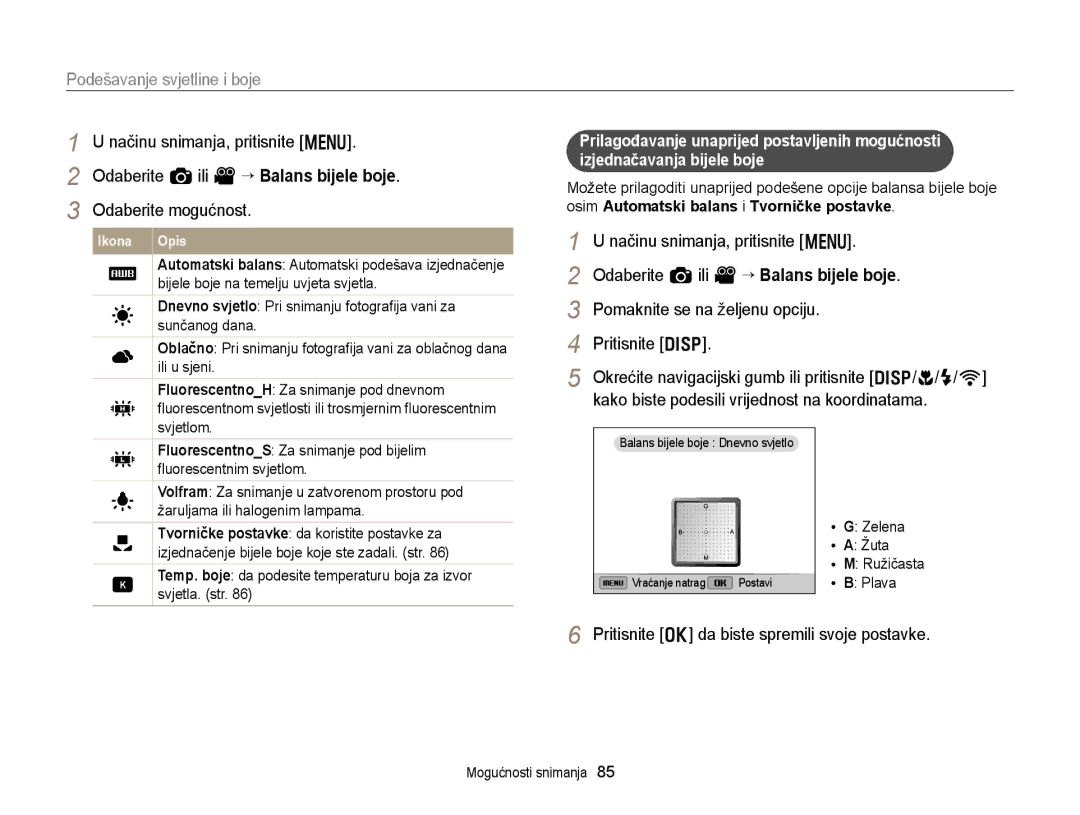 Samsung EC-EX2FZZBPBE3, EC-EX2FZZBPWE3 manual Pritisnite o da biste spremili svoje postavke, Zelena Žuta Ružičasta Plava 