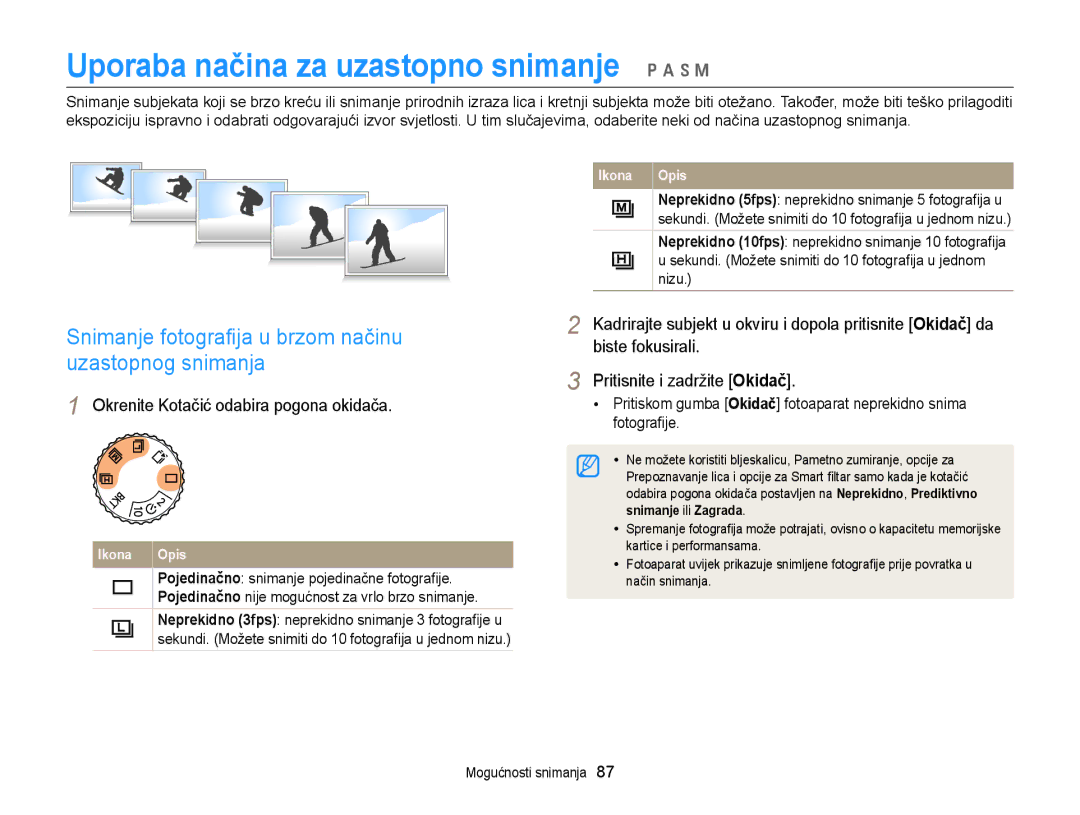 Samsung EC-EX2FZZBPBE3 Snimanje fotograﬁja u brzom načinu uzastopnog snimanja, Pojedinačno snimanje pojedinačne fotograﬁje 