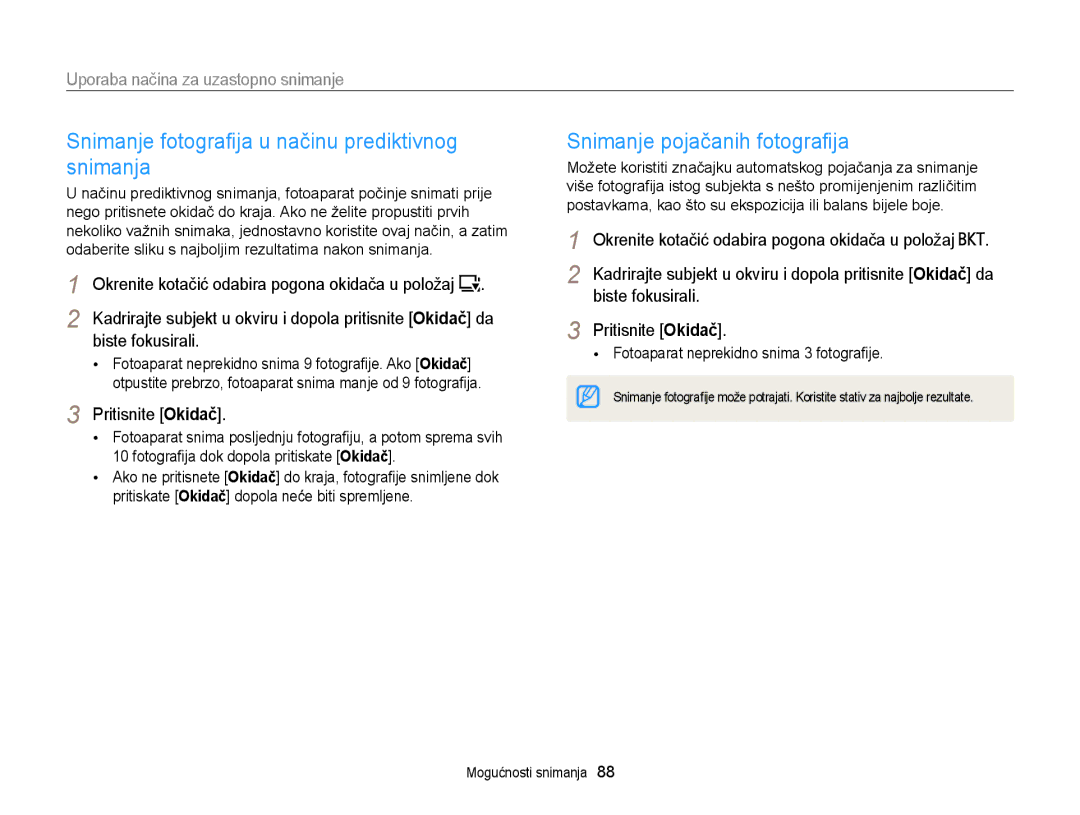 Samsung EC-EX2FZZBPWE3, EC-EX2FZZBPBE3 Snimanje fotograﬁja u načinu prediktivnog snimanja, Snimanje pojačanih fotograﬁja 