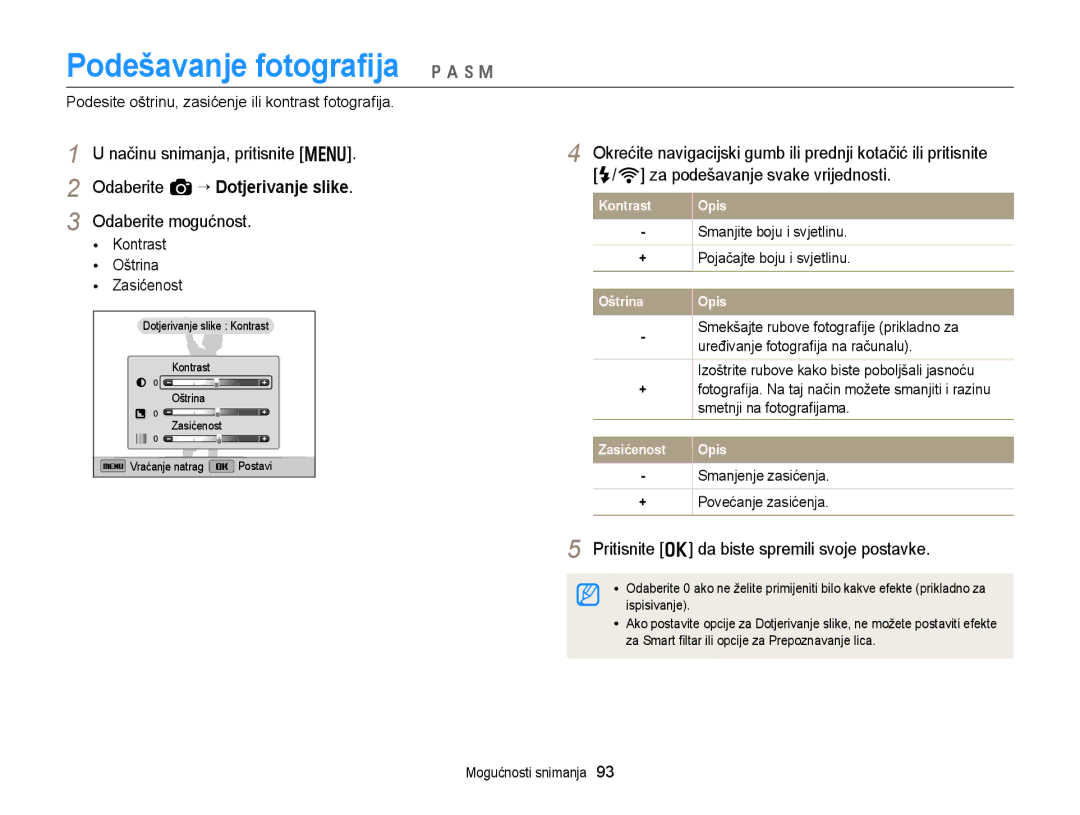 Samsung EC-EX2FZZBPBE3, EC-EX2FZZBPWE3 Podesite oštrinu, zasićenje ili kontrast fotograﬁja, Kontrast Oštrina Zasićenost 