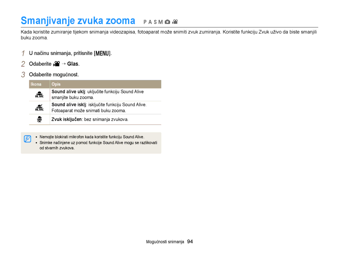 Samsung EC-EX2FZZBPWE3, EC-EX2FZZBPBE3 manual Smanjivanje zvuka zooma p a h M g 