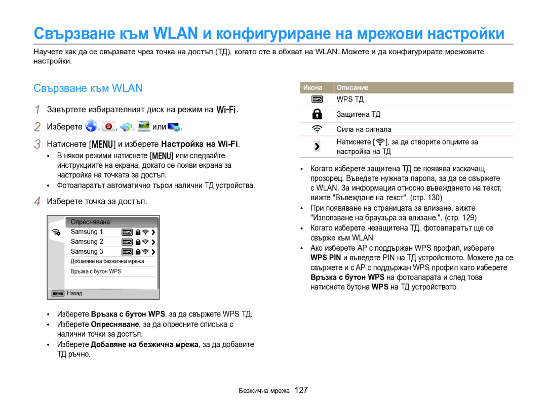 Samsung EC-EX2FZZBPBE3 manual Свързване към Wlan, Изберете точка за достъп, Опресняване Samsung 