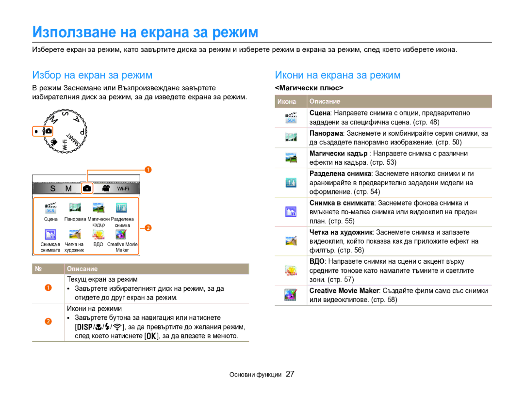 Samsung EC-EX2FZZBPBE3 Използване на екрана за режим, Избор на екран за режим, Икони на екрана за режим, Магически плюс 