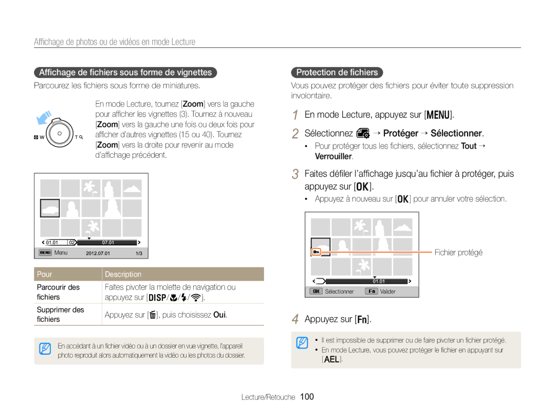 Samsung EC-EX2FZZBPWFR manual Afﬁchage de ﬁchiers sous forme de vignettes, Protection de ﬁchiers, Pour Description 