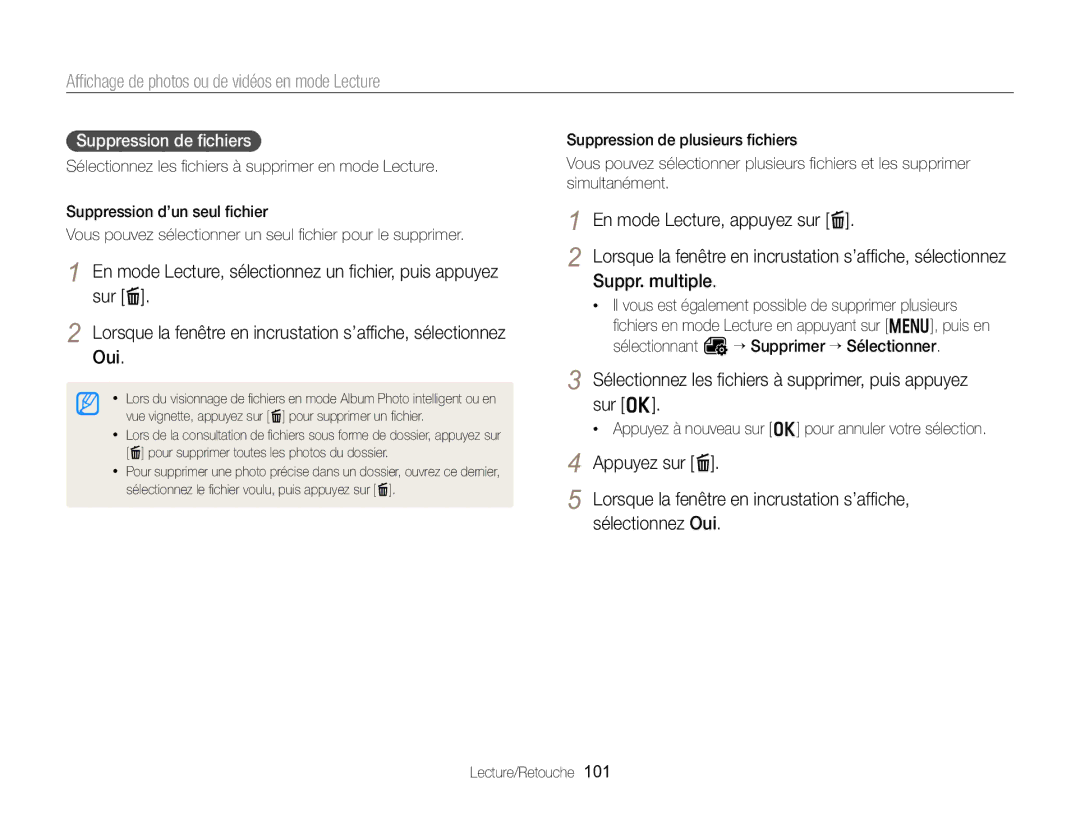 Samsung EC-EX2FZZBPBFR, EC-EX2FZZBPWFR Sélectionnez les ﬁchiers à supprimer, puis appuyez sur o, Suppression de ﬁchiers 