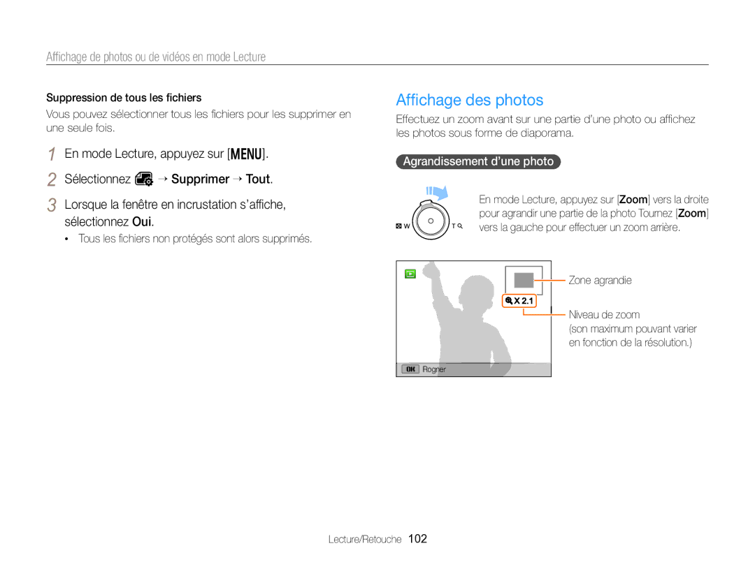 Samsung EC-EX2FZZBPWFR Afﬁchage des photos, Tous les ﬁchiers non protégés sont alors supprimés, Agrandissement d’une photo 