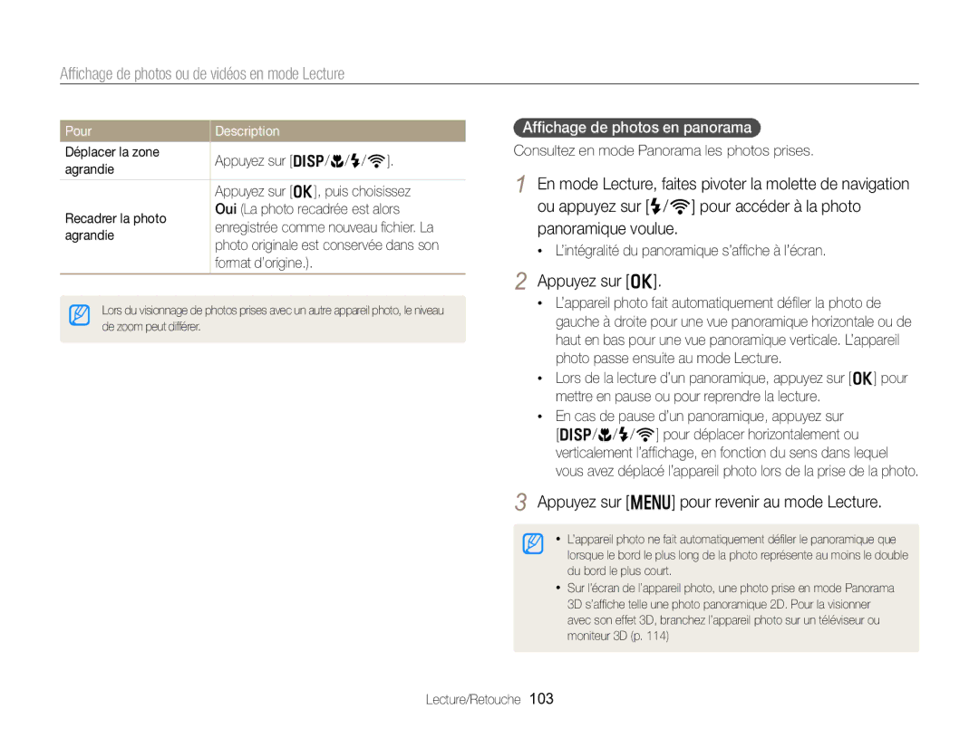 Samsung EC-EX2FZZBPBFR manual Appuyez sur o, Appuyez sur m pour revenir au mode Lecture, Afﬁchage de photos en panorama 