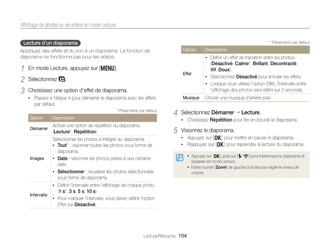 Samsung EC-EX2FZZBPWFR, EC-EX2FZZBPBFR Sélectionnez Démarrer “ Lecture, Visionnez le diaporama, Lecture d’un diaporama 