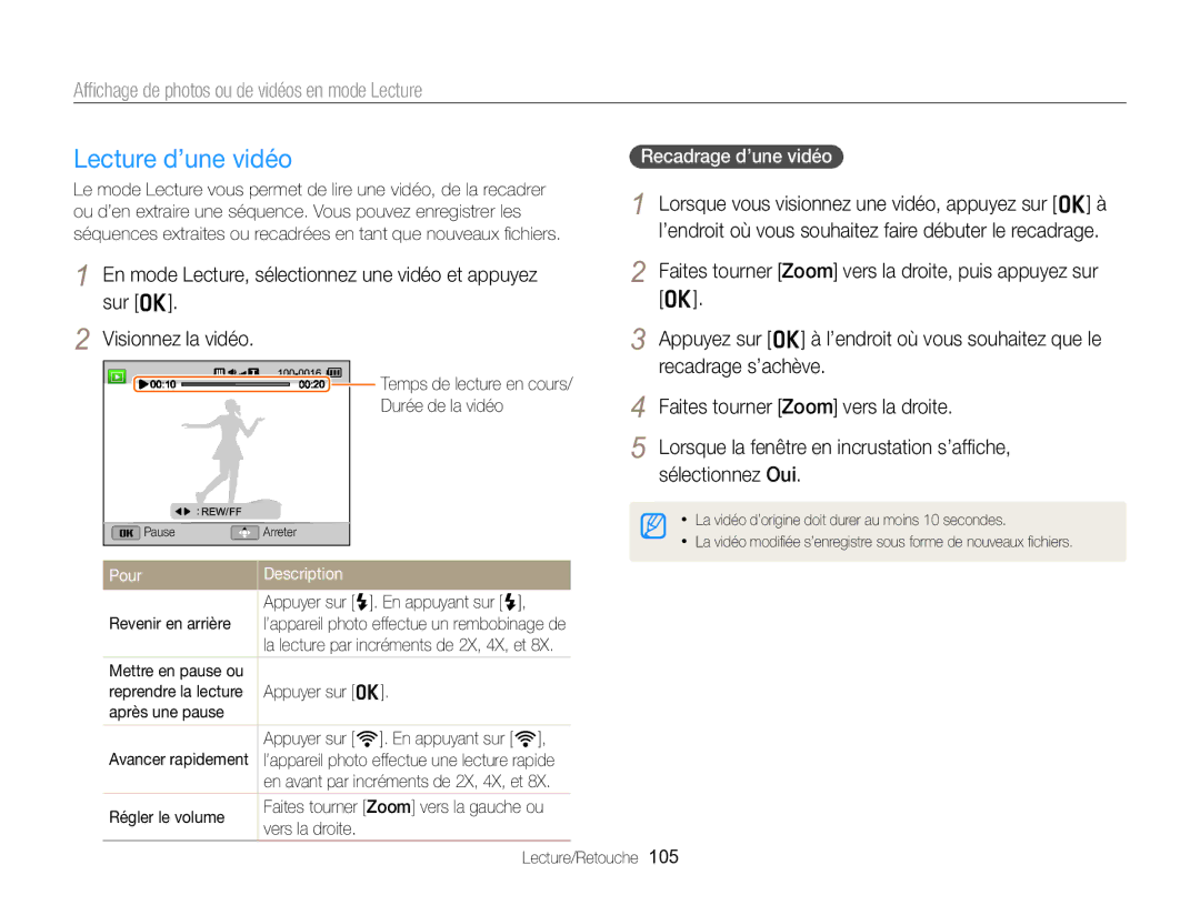 Samsung EC-EX2FZZBPBFR, EC-EX2FZZBPWFR manual Lecture d’une vidéo, En mode Lecture, sélectionnez une vidéo et appuyez sur o 