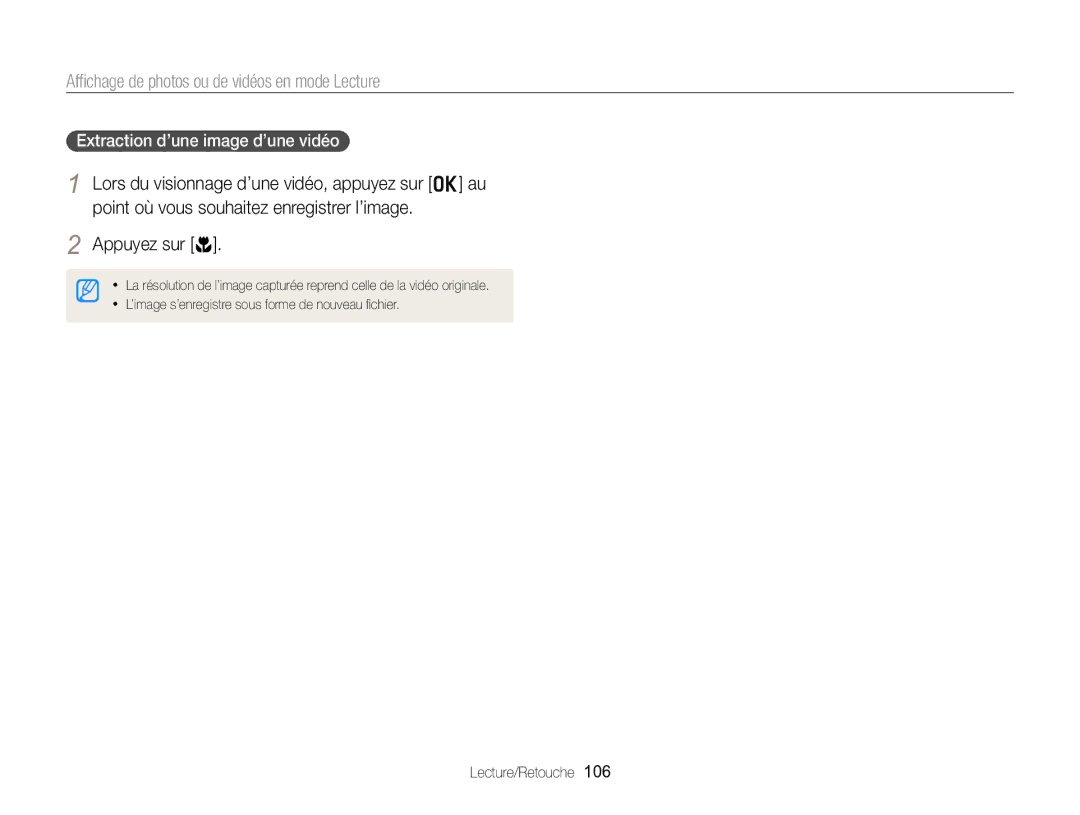 Samsung EC-EX2FZZBPWFR, EC-EX2FZZBPBFR manual Appuyez sur c, Extraction d’une image d’une vidéo 