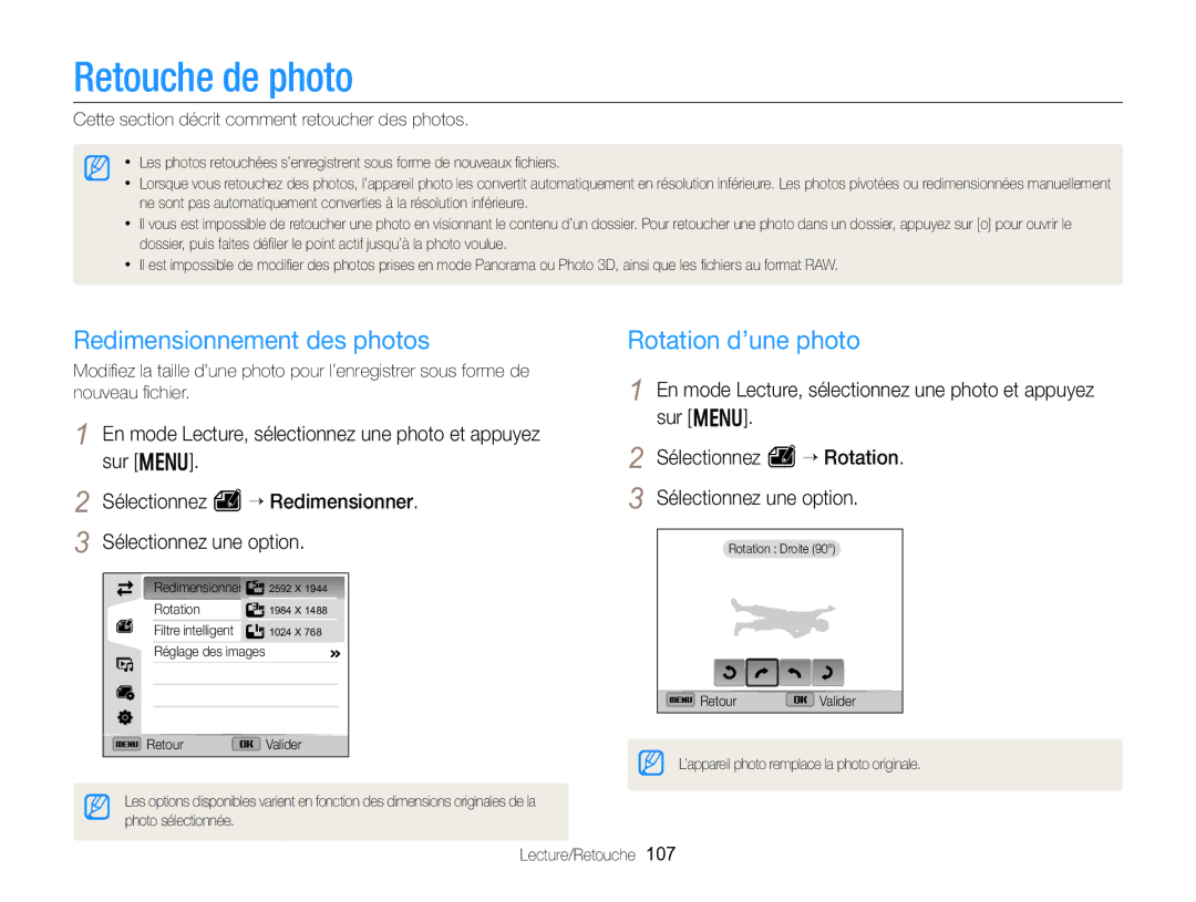 Samsung EC-EX2FZZBPBFR, EC-EX2FZZBPWFR manual Retouche de photo, Redimensionnement des photos Rotation d’une photo, 107 