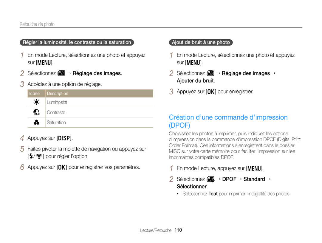 Samsung EC-EX2FZZBPWFR Création d’une commande d’impression Dpof, Régler la luminosité, le contraste ou la saturation 