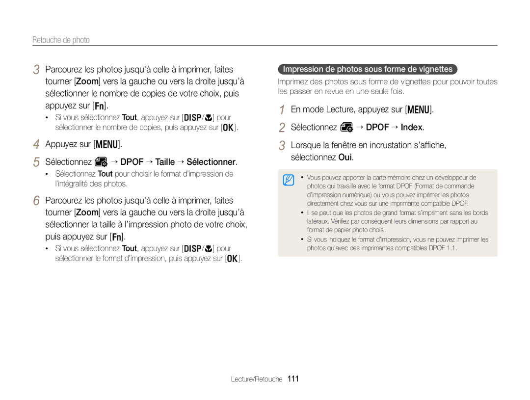 Samsung EC-EX2FZZBPBFR, EC-EX2FZZBPWFR manual Appuyez sur m Sélectionnez O “ Dpof “ Taille “ Sélectionner 