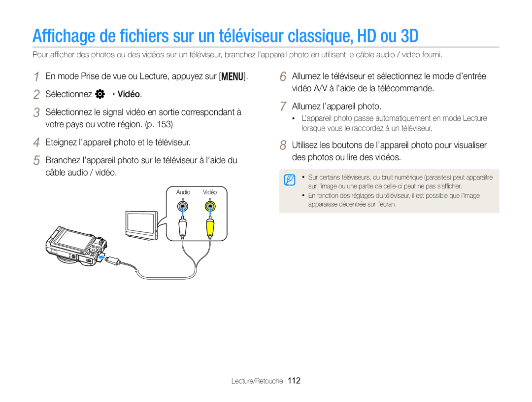 Samsung EC-EX2FZZBPWFR, EC-EX2FZZBPBFR manual Afﬁchage de ﬁchiers sur un téléviseur classique, HD ou 3D 