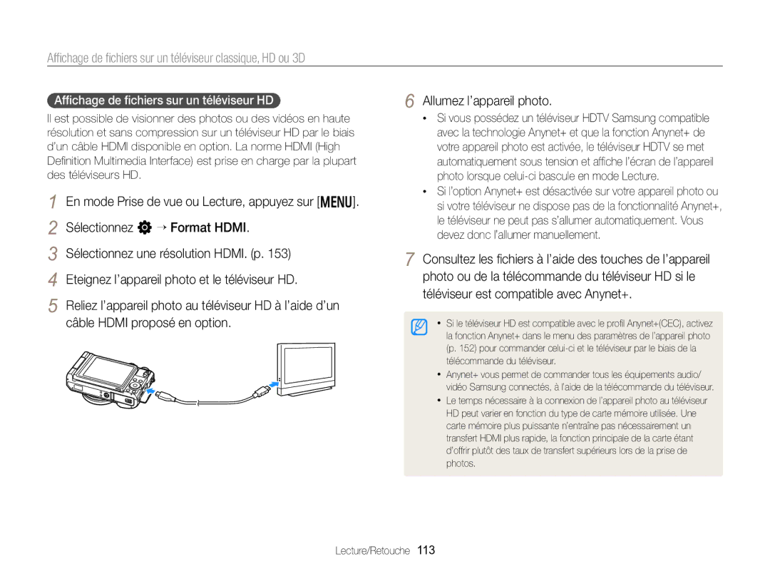 Samsung EC-EX2FZZBPBFR Afﬁchage de ﬁchiers sur un téléviseur classique, HD ou 3D, Afﬁchage de ﬁchiers sur un téléviseur HD 