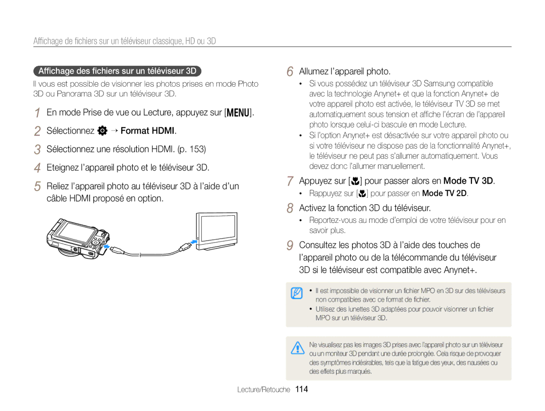 Samsung EC-EX2FZZBPWFR, EC-EX2FZZBPBFR Appuyez sur c pour passer alors en Mode TV 3D, Activez la fonction 3D du téléviseur 