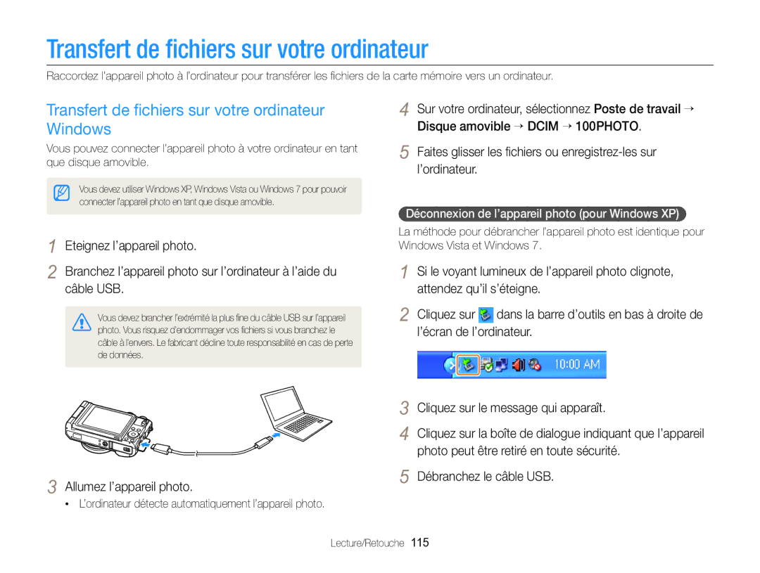 Samsung EC-EX2FZZBPBFR, EC-EX2FZZBPWFR manual Transfert de ﬁchiers sur votre ordinateur Windows 