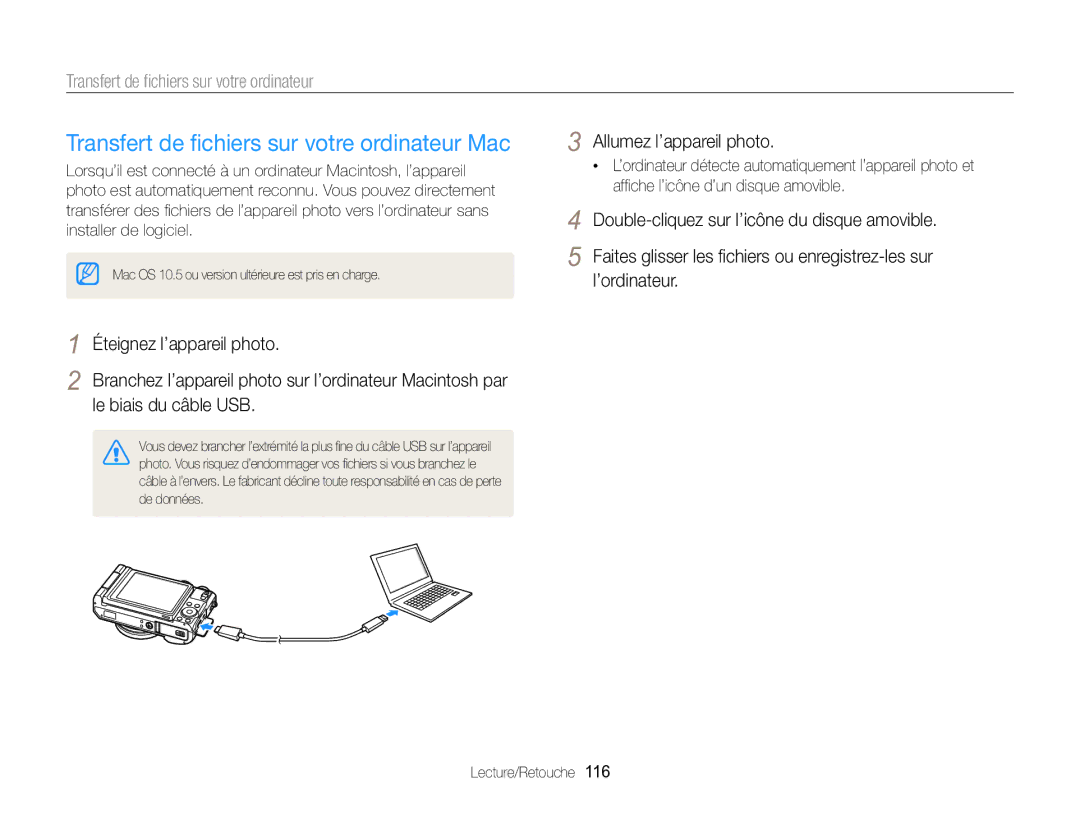 Samsung EC-EX2FZZBPWFR, EC-EX2FZZBPBFR manual Transfert de ﬁchiers sur votre ordinateur Mac 