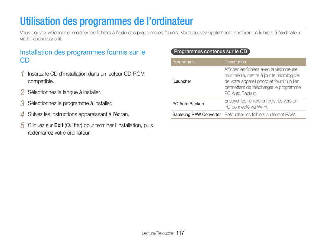 Samsung EC-EX2FZZBPBFR Utilisation des programmes de l’ordinateur, Installation des programmes fournis sur le, Programme 