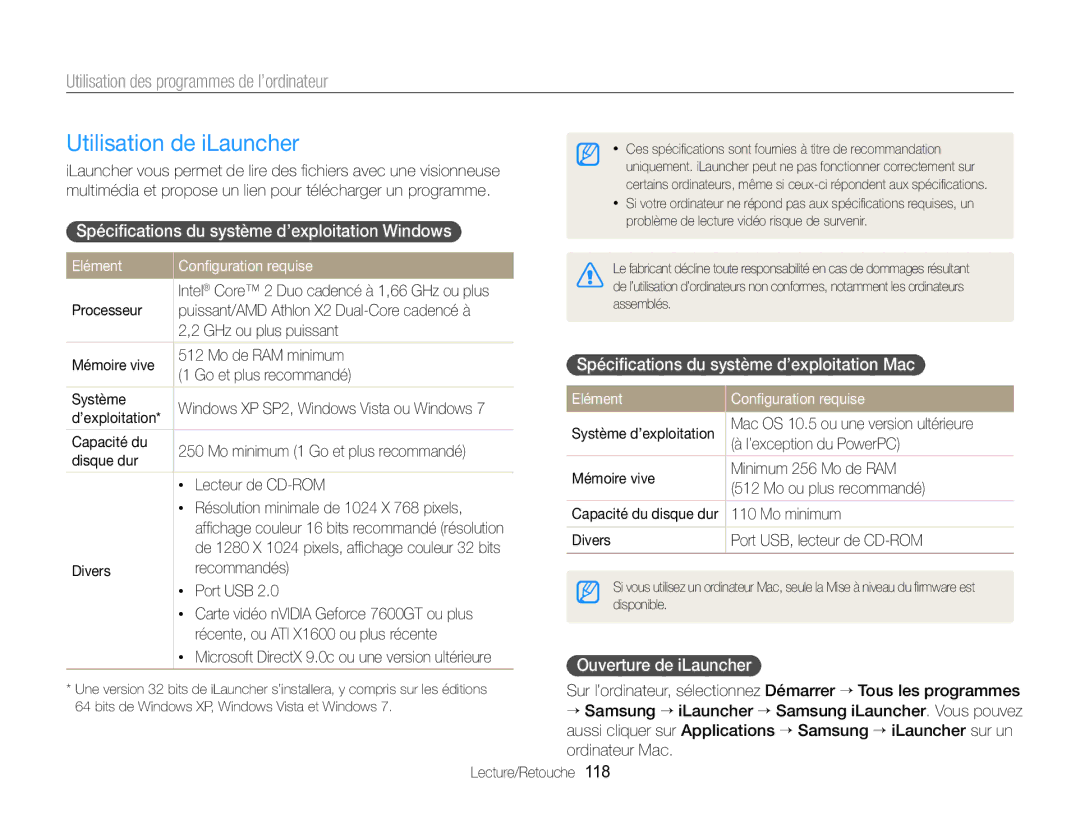 Samsung EC-EX2FZZBPWFR manual Utilisation de iLauncher, Utilisation des programmes de l’ordinateur, Ouverture de iLauncher 