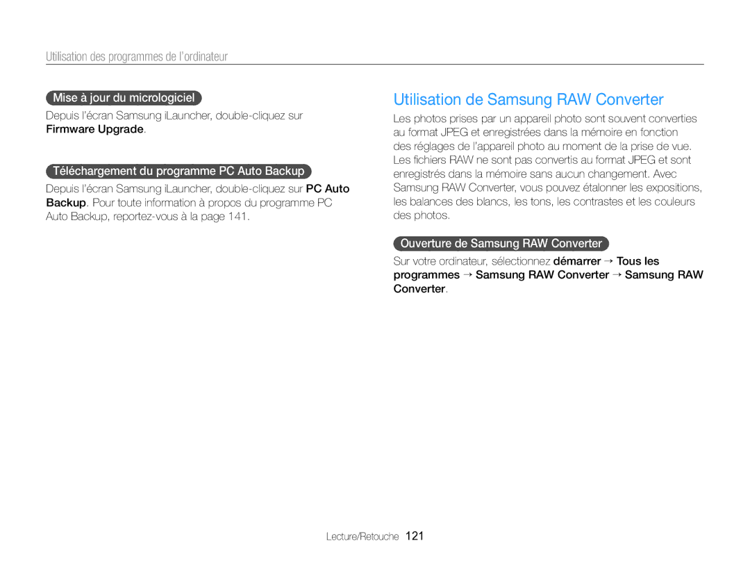 Samsung EC-EX2FZZBPBFR, EC-EX2FZZBPWFR manual Utilisation de Samsung RAW Converter, Mise à jour du micrologiciel 