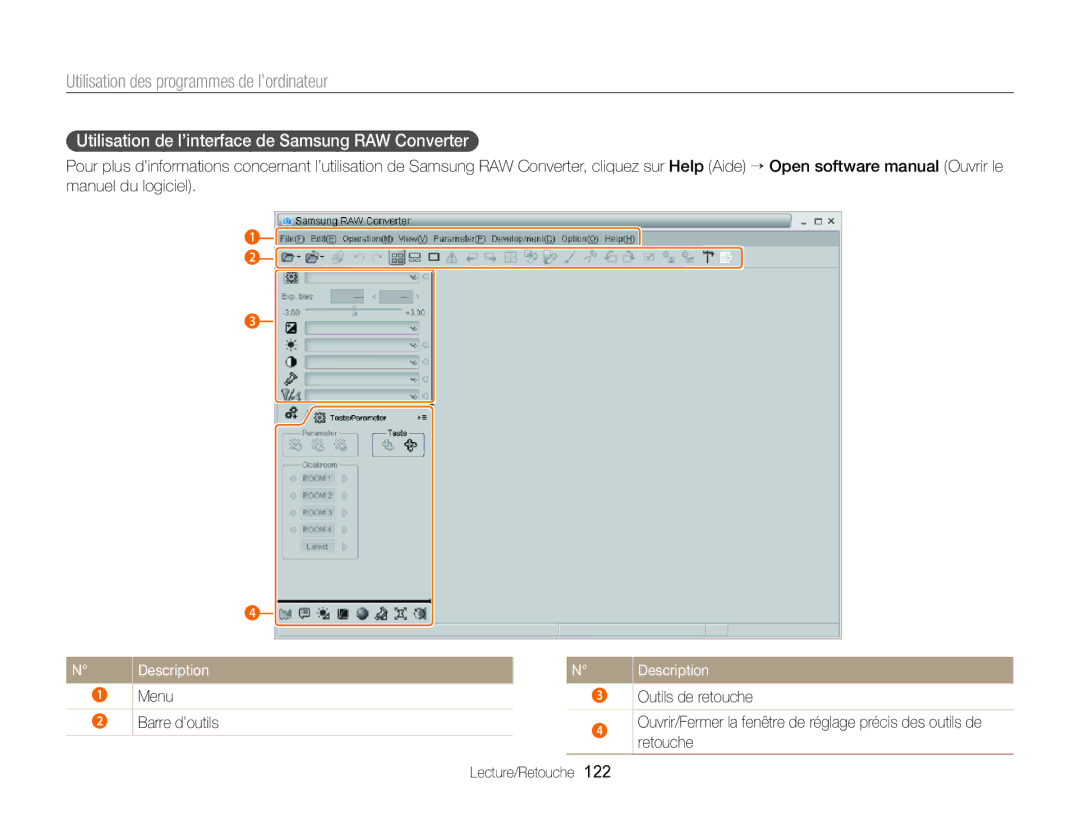 Samsung EC-EX2FZZBPWFR, EC-EX2FZZBPBFR manual Utilisation de l’interface de Samsung RAW Converter 