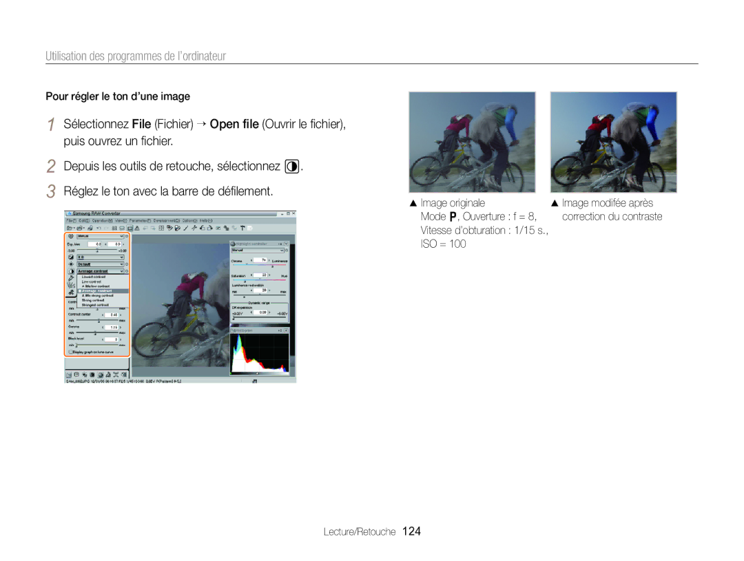 Samsung EC-EX2FZZBPWFR, EC-EX2FZZBPBFR manual Pour régler le ton d’une image, ISO = Lecture/Retouche 