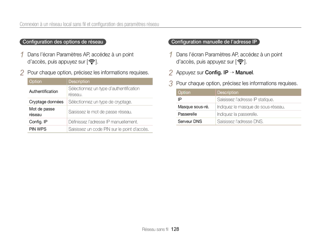 Samsung EC-EX2FZZBPWFR, EC-EX2FZZBPBFR manual Conﬁguration des options de réseau, Conﬁguration manuelle de l’adresse IP 