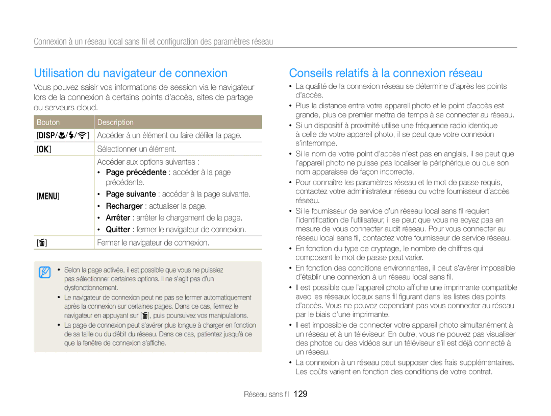 Samsung EC-EX2FZZBPBFR manual Utilisation du navigateur de connexion, Conseils relatifs à la connexion réseau, Bouton 