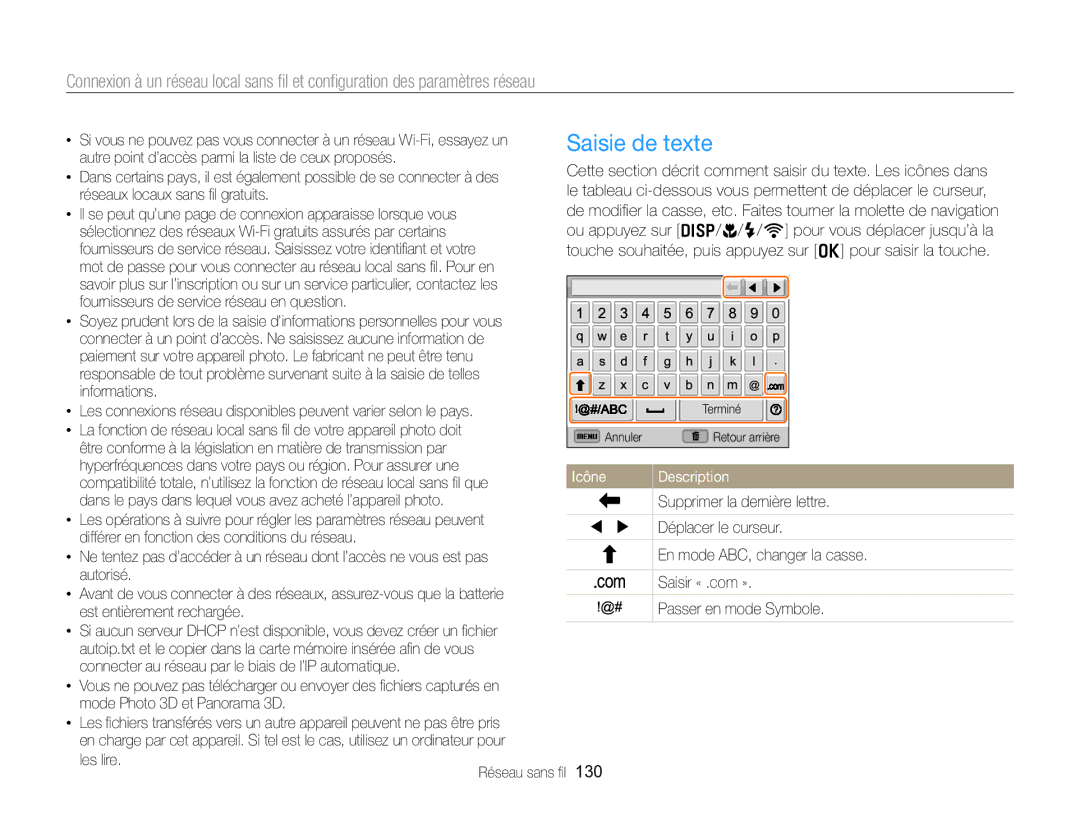 Samsung EC-EX2FZZBPWFR, EC-EX2FZZBPBFR manual Saisie de texte, Icône Description 