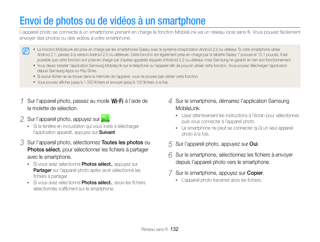 Samsung EC-EX2FZZBPWFR, EC-EX2FZZBPBFR Envoi de photos ou de vidéos à un smartphone, Sur l’appareil photo, appuyez sur Oui 