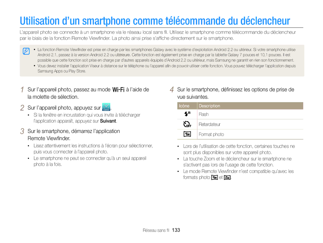 Samsung EC-EX2FZZBPBFR, EC-EX2FZZBPWFR manual Sur le smartphone, démarrez l’application Remote Viewﬁnder, Format photo 