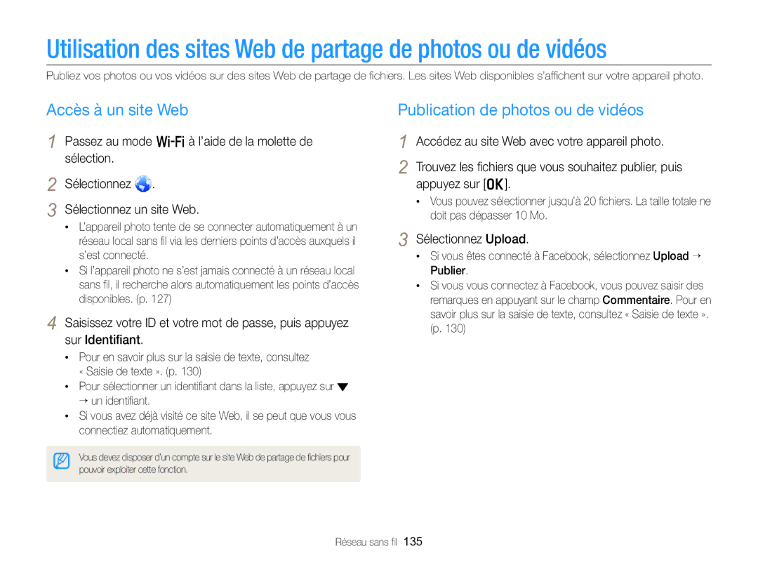 Samsung EC-EX2FZZBPBFR, EC-EX2FZZBPWFR Utilisation des sites Web de partage de photos ou de vidéos, Accès à un site Web 