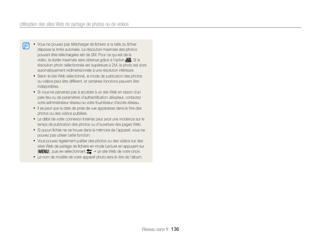 Samsung EC-EX2FZZBPWFR, EC-EX2FZZBPBFR manual Utilisation des sites Web de partage de photos ou de vidéos 