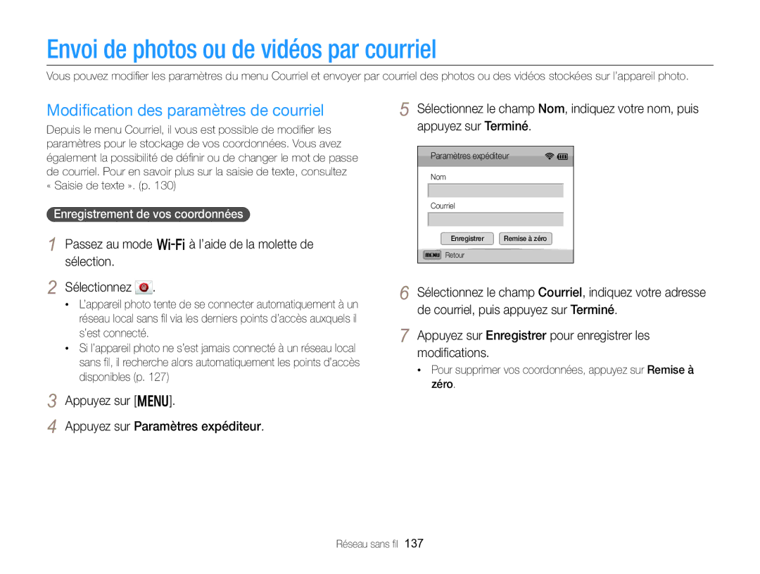 Samsung EC-EX2FZZBPBFR, EC-EX2FZZBPWFR Envoi de photos ou de vidéos par courriel, Modiﬁcation des paramètres de courriel 