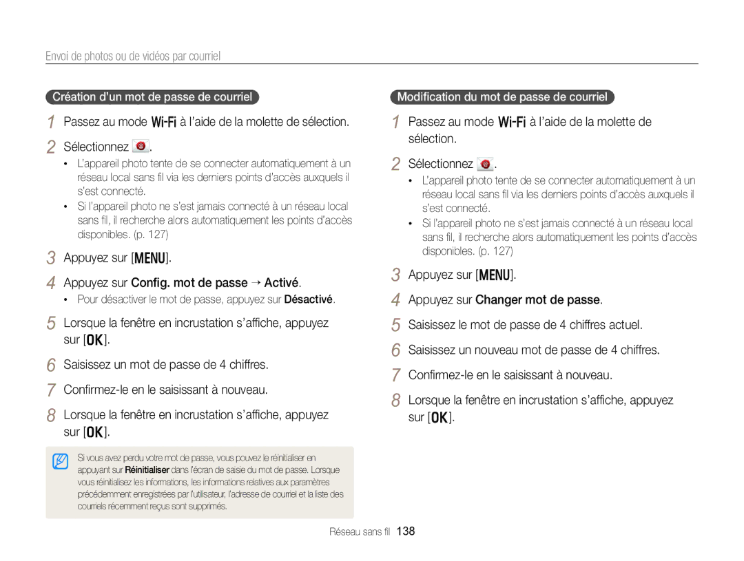 Samsung EC-EX2FZZBPWFR Envoi de photos ou de vidéos par courriel, Appuyez sur m Appuyez sur Conﬁg. mot de passe “ Activé 